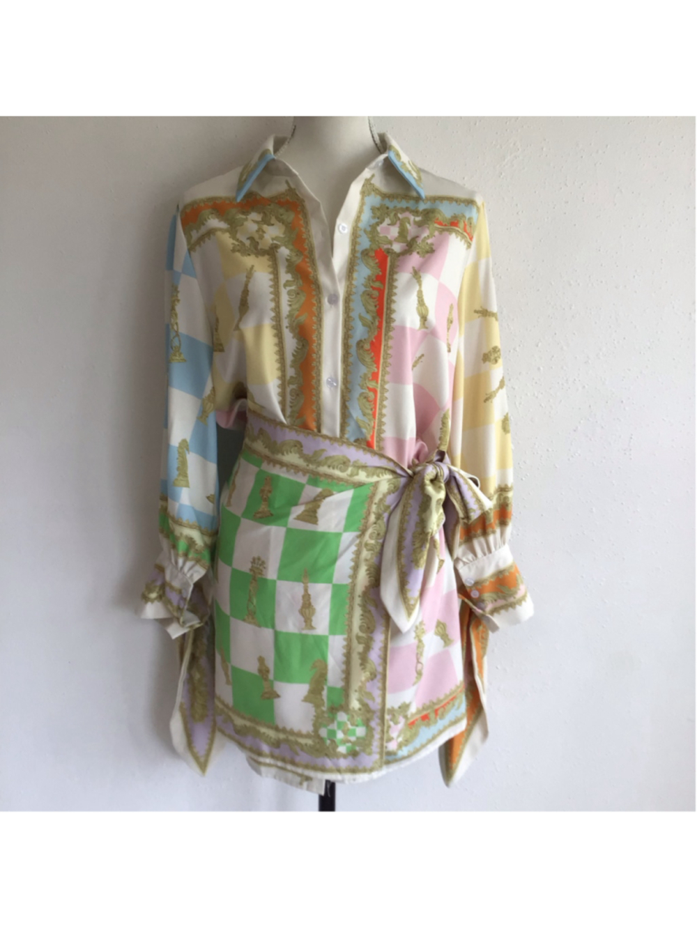 Unbranded Women Chess Print Button Down Shirt Wrap Dress, Size M, Multi-color